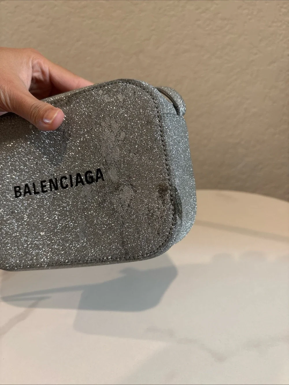 Balenciaga Glitter Silver Leather Camera Crossbody Bag Made In Italy